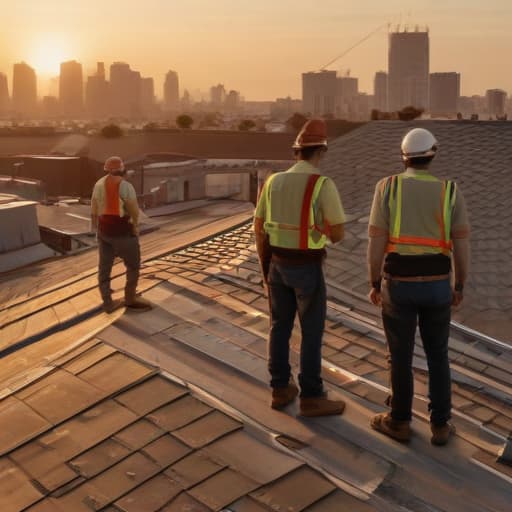 A photo of a group of roofing contractors inspecting a rooftop in a bustling urban setting during early evening with dramatic, golden hour lighting.