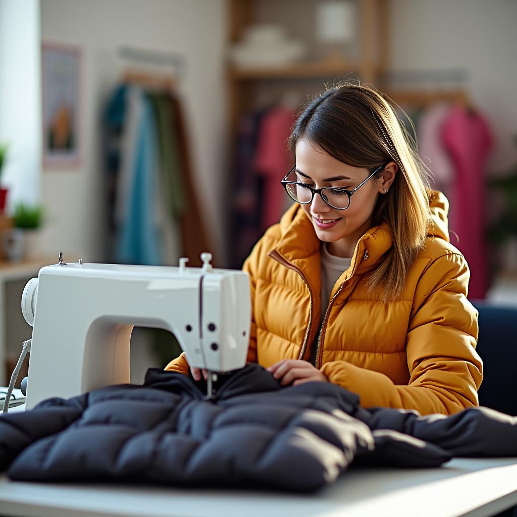  a woman tailor is sewing a puffer jacket on a sewing machine in a bright room.