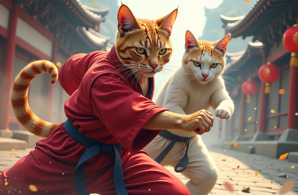  a fast action scene with realistic cats praticing martial arts in japan, marvel comic panel, dc animated comic panel, comic panel, manga and manhwa style panel, portrait, young person face, style for marvel comic, anime comic panel style hyperrealistic, full body, detailed clothing, highly detailed, cinematic lighting, stunningly beautiful, intricate, sharp focus, f/1. 8, 85mm, (centered image composition), (professionally color graded), ((bright soft diffused light)), volumetric fog, trending on instagram, trending on tumblr, HDR 4K, 8K