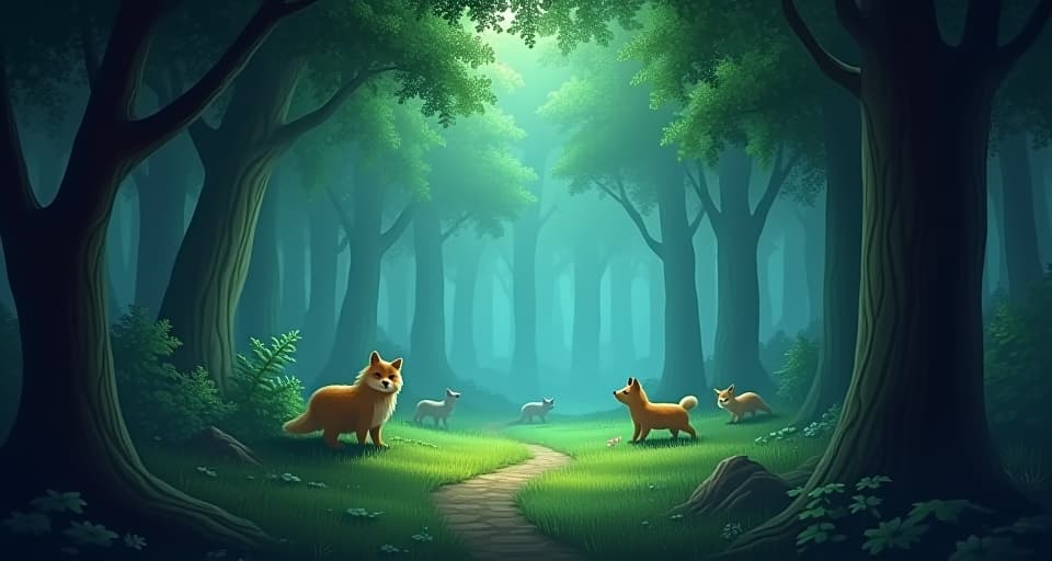  a serene forest scene, subtly darkening. the inhabitants fight against the growing shadows, representing an internal struggle against inevitable change.. the style is digital art illustration,highly detailed, whimsical,magical, dreamlike atmosphere, realism and fantasy blend, smooth, glossy textures,luminous quality, wonder and enchantment.