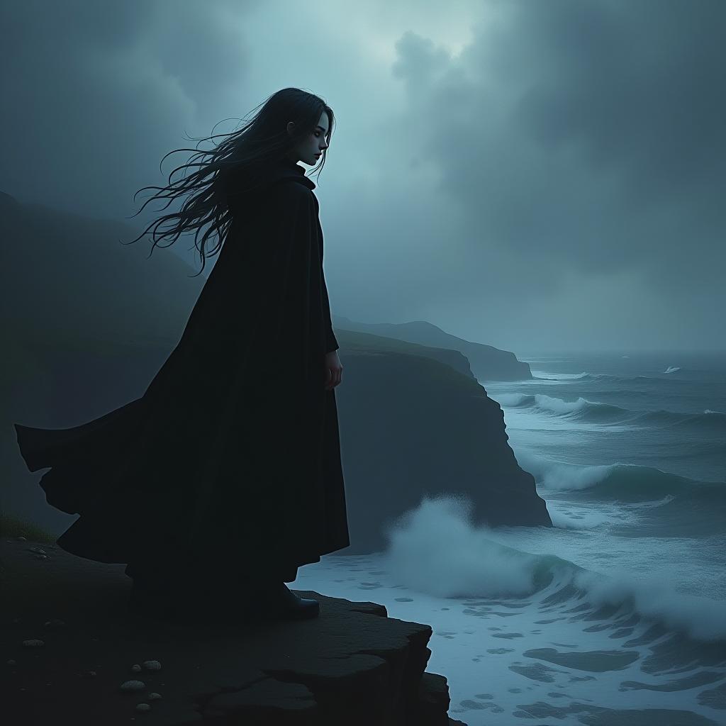  good quality, high quality, a mysterious girl with pale skin and dark, flowing hair, standing on a cliff overlooking a stormy ocean. she wears a long, black cloak that billows in the wind, and her eyes glow faintly in the dim light. gothic style with dramatic contrasts and ominous skies.