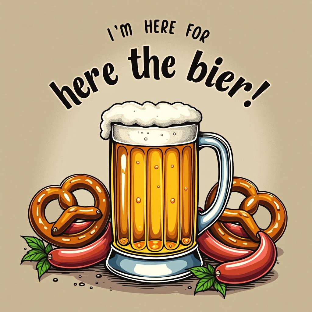  a playful beer stein at the center with 'i'm here for the bier!' arched above, surrounded by pretzels and sausages.