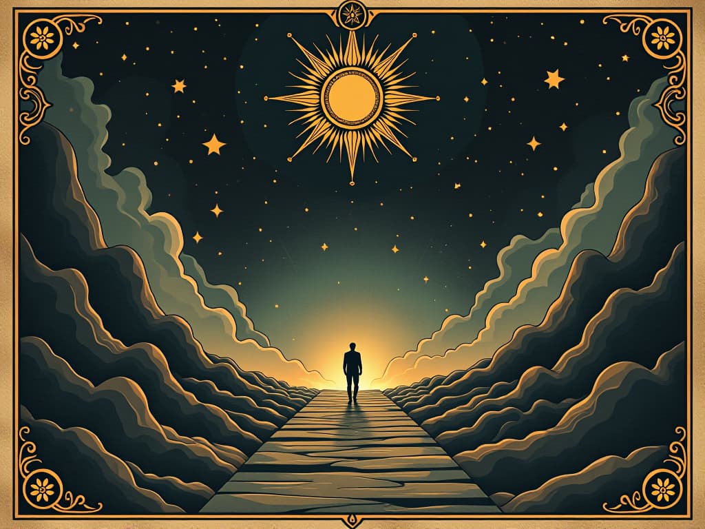  a cosmic pathway opening beneath a person's feet, starlit backdrop, intricate symbols illuminated, possibility and enlightenment, vast potential. an illustration in the style of a worn, mystical old tarot trump card, mysterious and elements of surrealism. the colors are muted, somber and eerie, but with contrast bring out an occult and esoteric vibe.