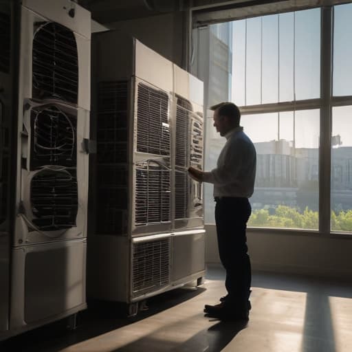 A photo of an experienced HVAC technician inspecting an industrial air conditioning unit in a modern office building during the late afternoon, with warm sunlight streaming through the tall windows, casting long shadows across the intricate machinery and creating a dramatic contrast between light and shadow.