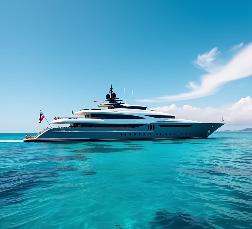  a large luxury yacht is anchored in a lagoon during a summer vacation cruise on the ocean. a beautiful way to travel the world