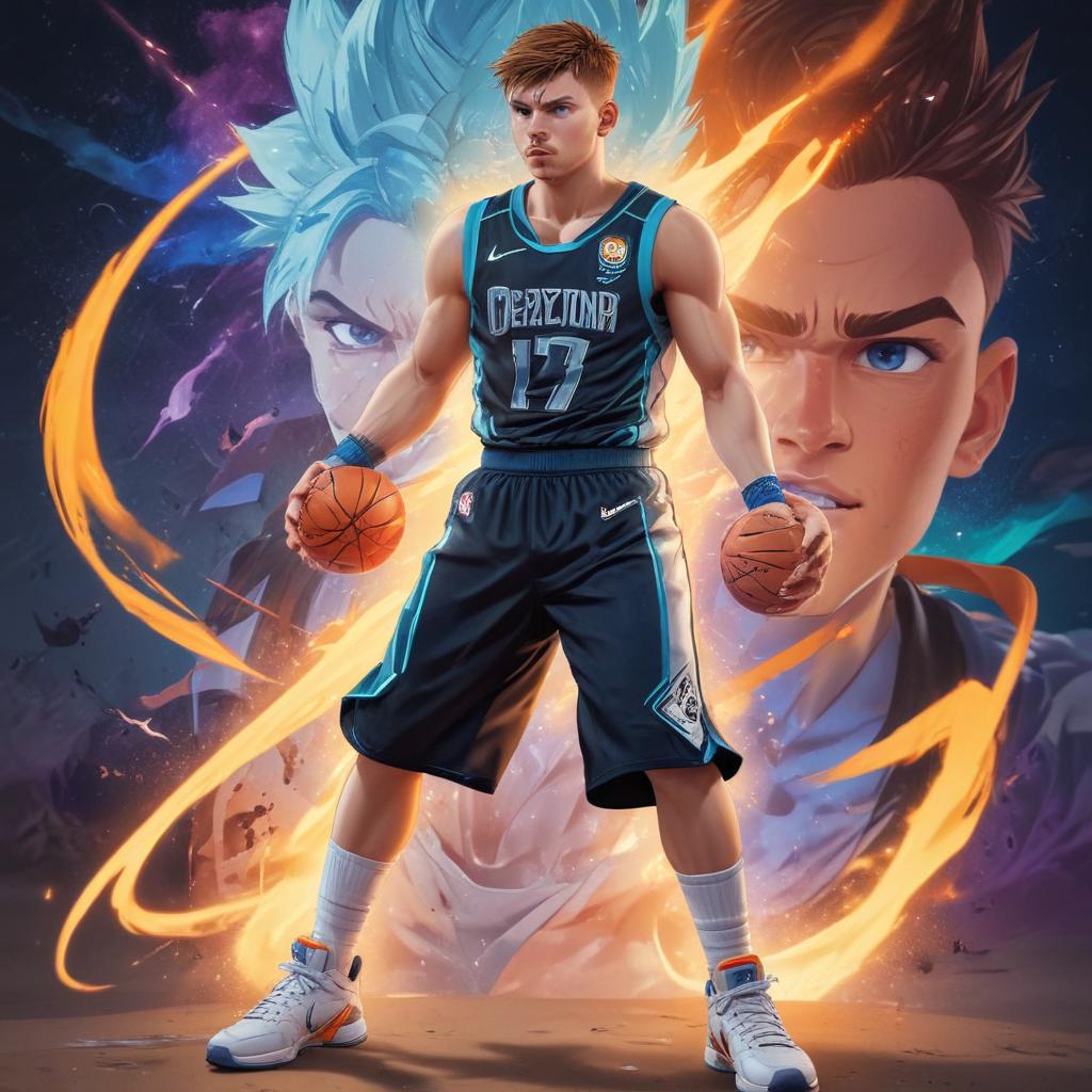 distance-shot, flashy, full-body, dynamic, holographic, animated cartoon poster of luka doncic in the style of dragon ball super