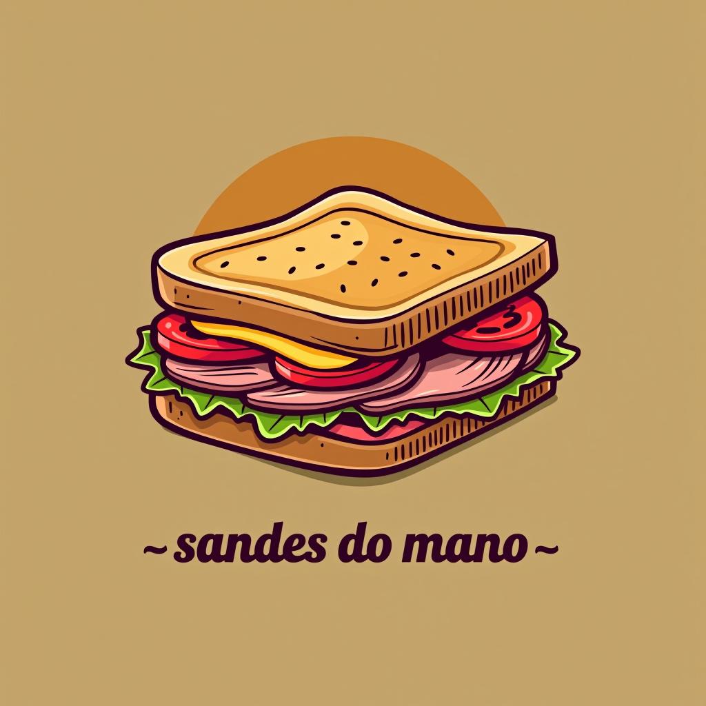  design a logo, in a threedrender style. sandwich of pork , called « sandes do mano » with a bouncer in the back gold background , with the text 'sandes do mano'.