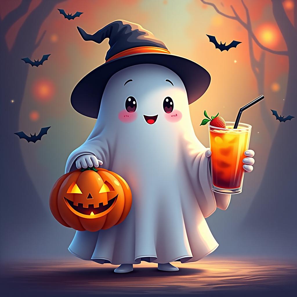  create a digital painting featuring a cute ghost character. the ghost should be wearing a hat. in one hand, the ghost should hold a pumpkin with a carved face, and in the other hand, a halloween themed drink. the background should be colorfull and include small black bats and stars to add a playful halloween touch. the overall style should be cute, whimsical, and colorful hyperrealistic, full body, detailed clothing, highly detailed, cinematic lighting, stunningly beautiful, intricate, sharp focus, f/1. 8, 85mm, (centered image composition), (professionally color graded), ((bright soft diffused light)), volumetric fog, trending on instagram, trending on tumblr, HDR 4K, 8K