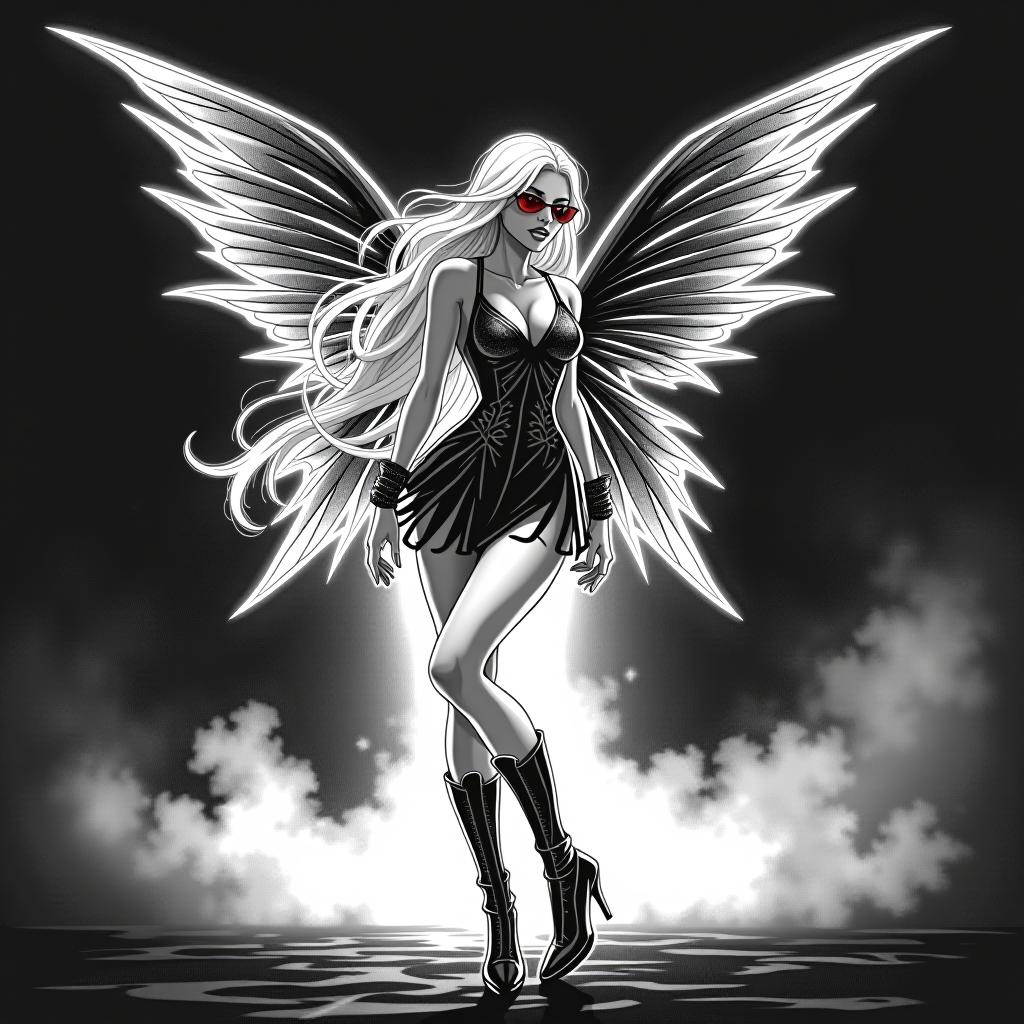  retro cyberpunk black and white vector sketch is a beautiful and spicy fairy . wings and quality ery, the fairy's in full height in the and model potion in the plague, shoes in very high beds, in a short dress with very long light hair . 80's inspired, synthwave, neon, vint, detailed, retro futurism hyperrealistic, full body, detailed clothing, highly detailed, cinematic lighting, stunningly beautiful, intricate, sharp focus, f/1. 8, 85mm, (centered image composition), (professionally color graded), ((bright soft diffused light)), volumetric fog, trending on instagram, trending on tumblr, HDR 4K, 8K