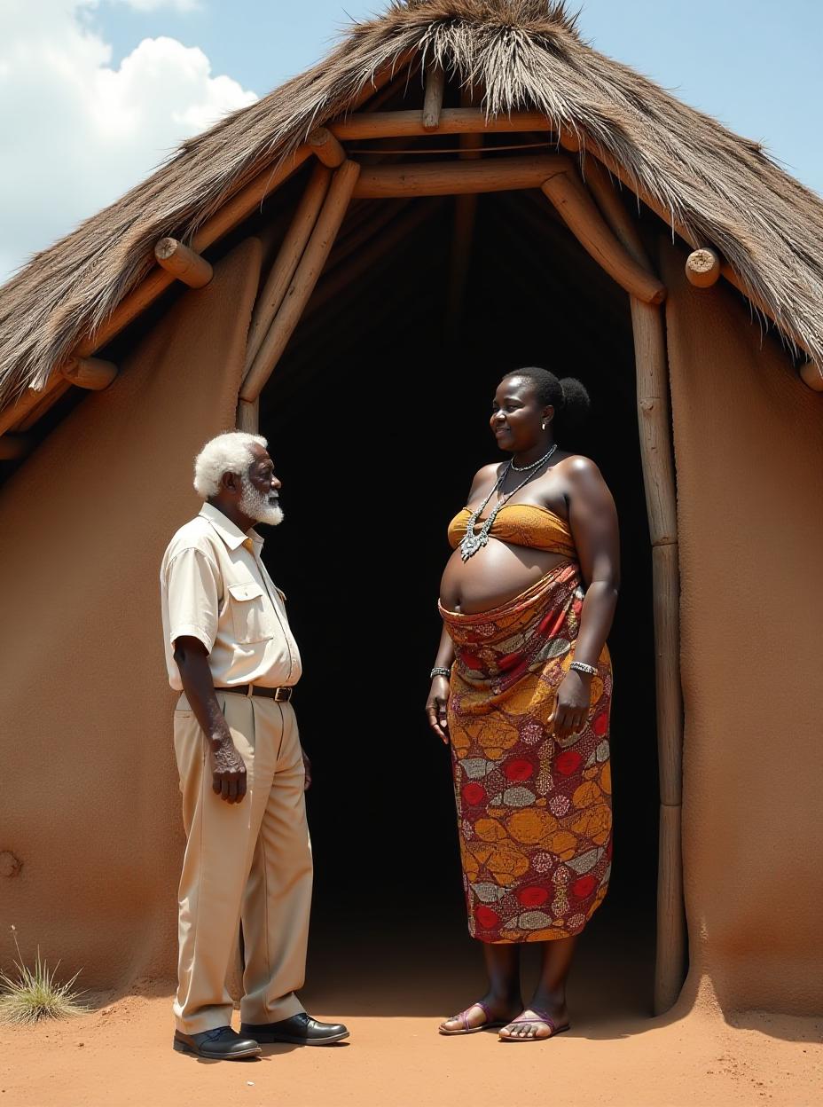  summer day in south sudan. a traditional african hut, home to members of the dinka tribe, stands tall. an elderly white television reporter stands at the entrance, dwarfed by the towering figure of a young dinka girl. the girl, incredibly tall and curvaceous, easily surpasses the height of the doorway. dressed in a traditional dinka outfit that reveals her fertile hips, she smiles shyly. the size difference between the two is astonishing. the girl leans against the roof, gazing down at the reporter, her imposing stature contrasting with the reporter's much smaller frame., high quality, high details, hd, perfect composition, 4k epic detailed, highly detailed, sharp focus, high resolution