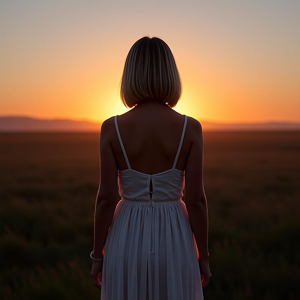  a girl with a bob haircut stands against the sunset in a long dress, facing away from the camera.