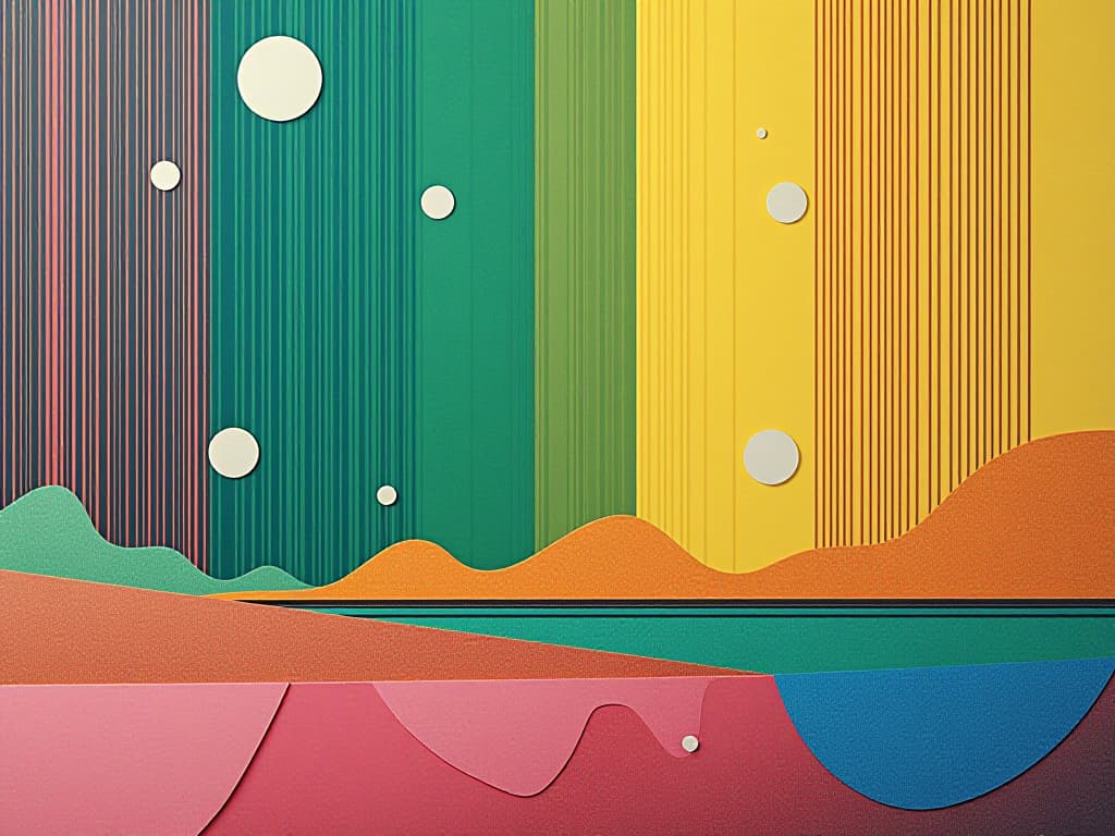  modern, abstract art piece featuring a combination of vertical lines and geometric shapes. the layout includes a series of vertical, multicolored lines that create a sense of depth and texture. the background consists of a gradient of green and yellow hues, resembling a field, with white spherical shapes distributed throughout, adding a three dimensional effect. in the foreground, there are pink and blue triangular forms that appear to be rising from the bottom, contributing to the layered composition. the overall style is contemporary and visually dynamic, with a focus on color contrast and spatial arrangement.