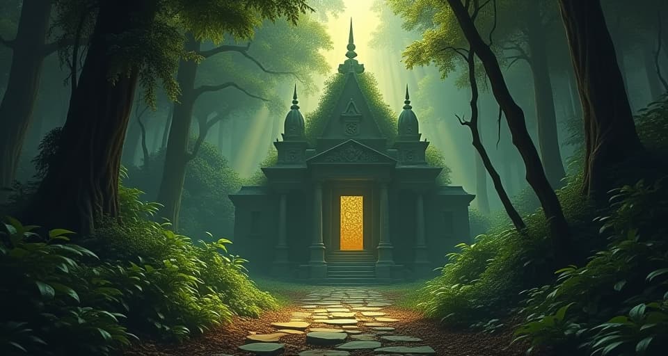  a hidden, ancient temple in a dense jungle, sunlight piercing through to illuminate it, discovery, long lost truth, revelation. an illustration in the style of a worn, mystical old tarot trump card, mysterious and elements of surrealism. the colors are muted, somber and eerie, but with contrast bring out an occult and esoteric vibe.