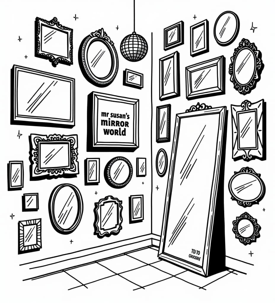  t shirt design . a black on white vector illustration, showing the corner of a room. on the walls are many mirrors in all many shapes and sizes some square, circle, rectangle, oval, some ornate and fancy, some modern style, and a full length floor mirror. a small disco ball hanging from the ceiling, and a second disco ball slightly lower. distressed sketch. large sign logo on the wall that says "mr susan’s mirror world" and on the bottom, tagline that says " time for you, to do the choosin' "