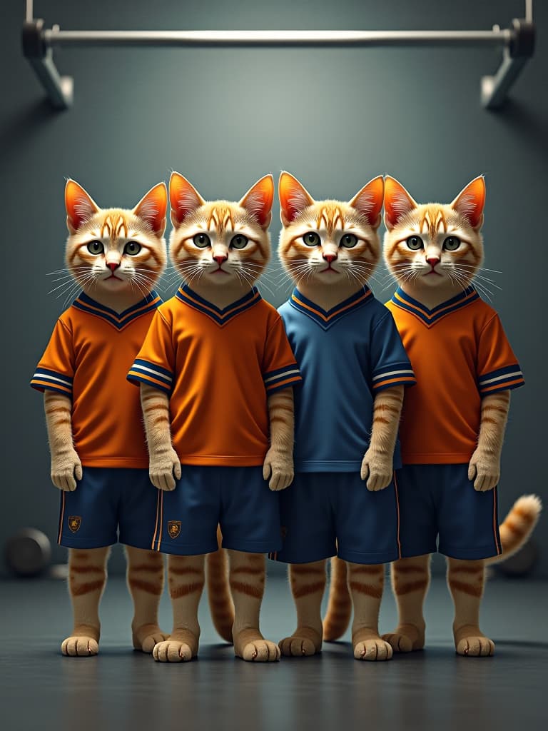  a painting, four cats in a sports uniform, standing in a bald, a gym, like me, animos hyperrealistic, full body, detailed clothing, highly detailed, cinematic lighting, stunningly beautiful, intricate, sharp focus, f/1. 8, 85mm, (centered image composition), (professionally color graded), ((bright soft diffused light)), volumetric fog, trending on instagram, trending on tumblr, HDR 4K, 8K