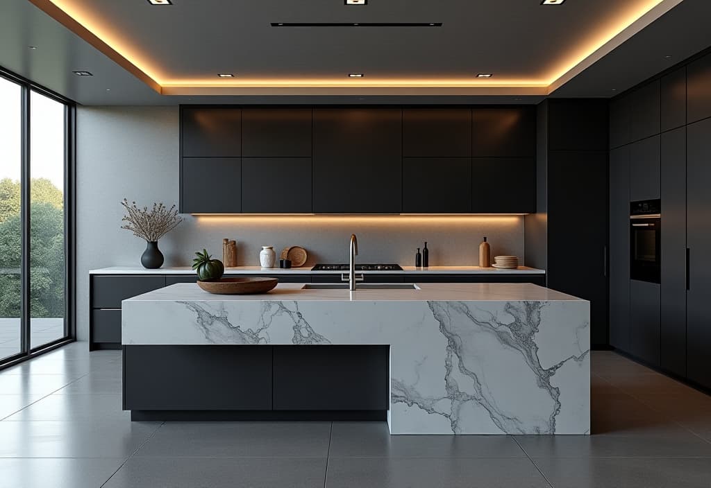  a landscape photo of a contemporary kitchen featuring a mix of textures, including matte black cabinetry, brushed metal accents, and a large marble island with waterfall edges hyperrealistic, full body, detailed clothing, highly detailed, cinematic lighting, stunningly beautiful, intricate, sharp focus, f/1. 8, 85mm, (centered image composition), (professionally color graded), ((bright soft diffused light)), volumetric fog, trending on instagram, trending on tumblr, HDR 4K, 8K