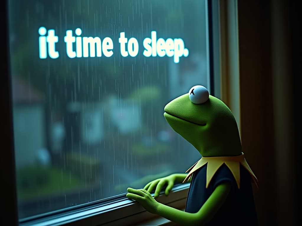  floating text at the top of the image "it's time to sleep." wrtten with huge white letters, kermit the frog looking at window from inside during rain hyperrealistic, full body, detailed clothing, highly detailed, cinematic lighting, stunningly beautiful, intricate, sharp focus, f/1. 8, 85mm, (centered image composition), (professionally color graded), ((bright soft diffused light)), volumetric fog, trending on instagram, trending on tumblr, HDR 4K, 8K