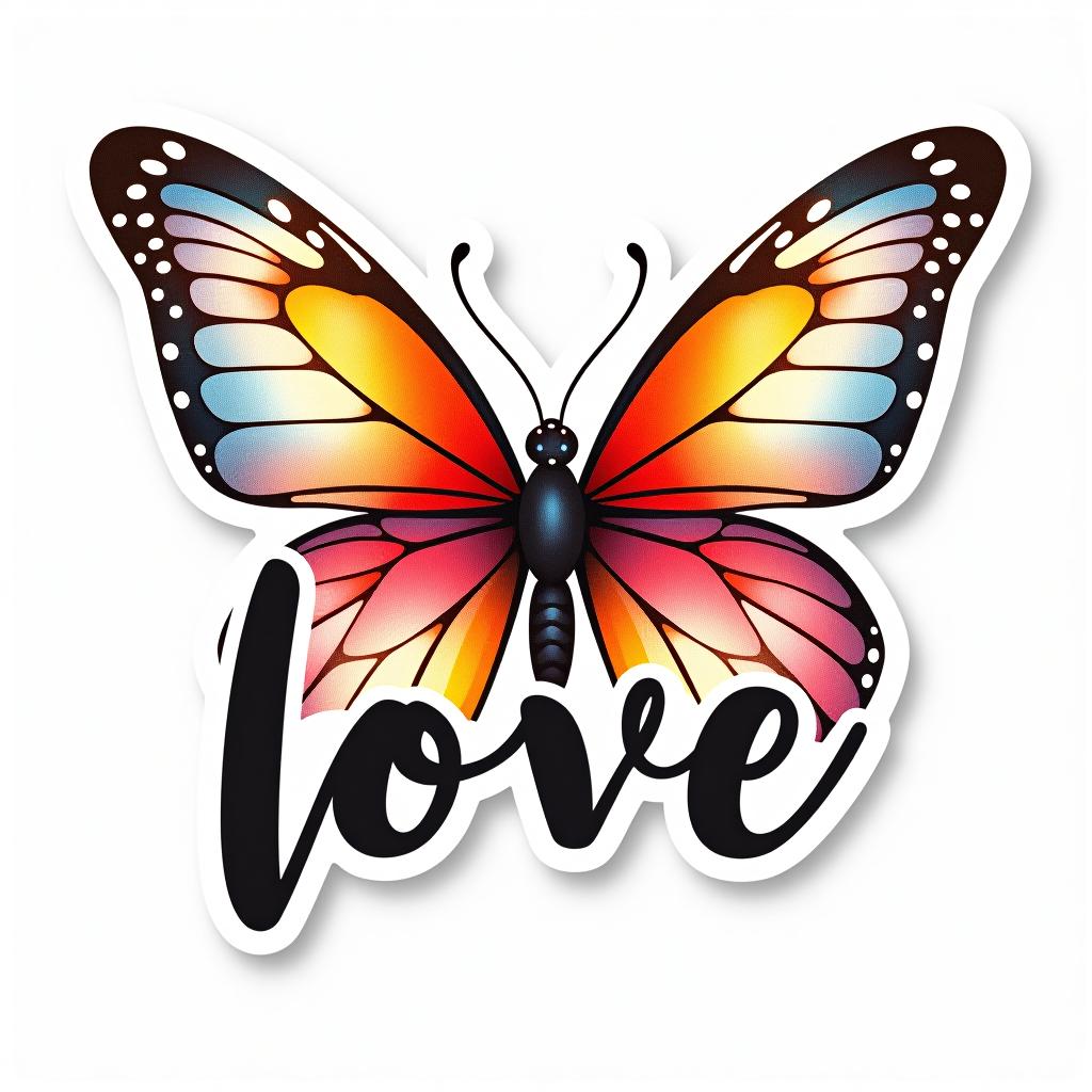  design a logo, custom sticker design on an isolated white background decorated by watercolor butterfly, with the text ‘love’