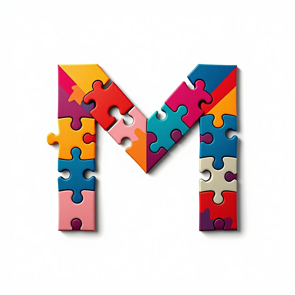  design a logo, abstract logo of letter m from colored puzzles on white background.