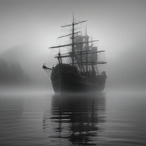 Gigantic ship in a foggy monochrome melancholic reaver,null,Nature-Inspired , symmetrical balance, in-frame, 4K hyperrealistic, full body, detailed clothing, highly detailed, cinematic lighting, stunningly beautiful, intricate, sharp focus, f/1. 8, 85mm, (centered image composition), (professionally color graded), ((bright soft diffused light)), volumetric fog, trending on instagram, trending on tumblr, HDR 4K, 8K