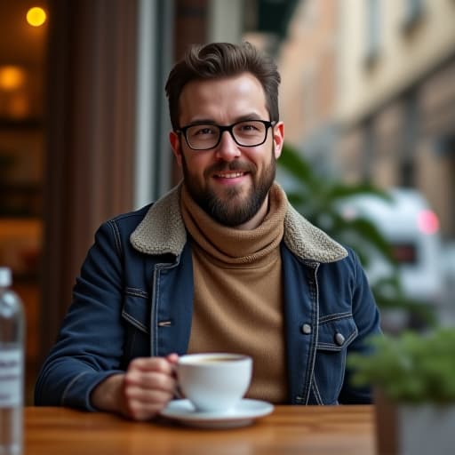  photo of a man having a coffee outside