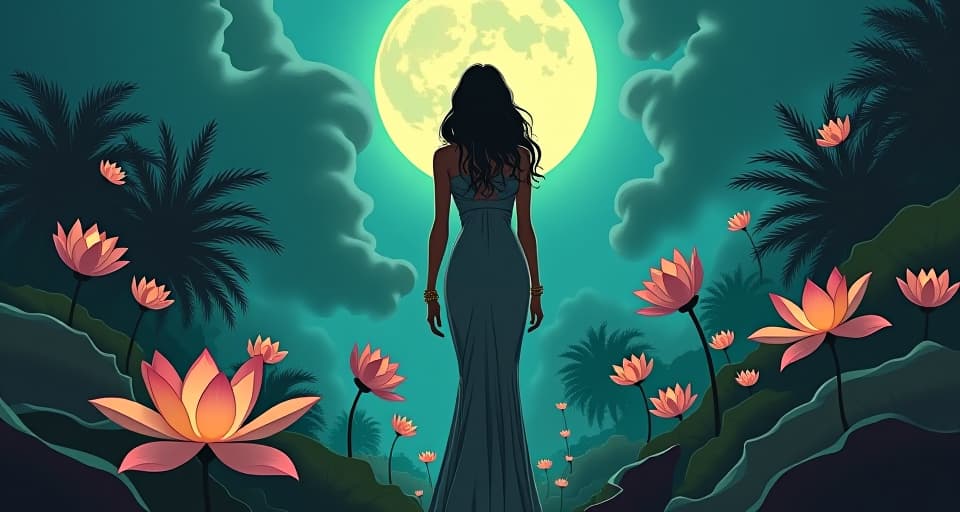  a tranquil, moonlit garden, large busted goddess in a tight, shimmering dress, standing amidst blooming lotus flowers, air filled with unsettling awareness and newfound perception. the style is digital art illustration / modern comic book / mysterious occult, symbolic, esoteric vibe,high detail on character design, incorporating ancient egyptian symbology and attire.