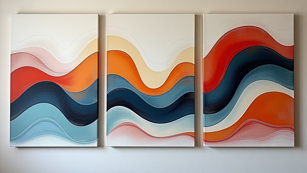  abstract art, a colorful, hand made abstract triptych painting of swirling waves and curved minimalistic shapes, displayed on a wall with a minimalistic background, close up view of the three panel ca