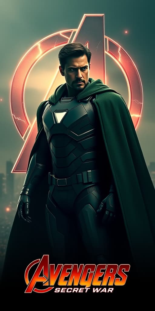  good quality, high quality, a hyper realistic movie poster for "avengers secret war" starring tom cruise as unlimate iron man. he is depicted with a sinister expression, wearing a heavily armored, dark green cloak. the background shows a war torn city in shadows, with the avengers logo partially illuminated by crackling energy.