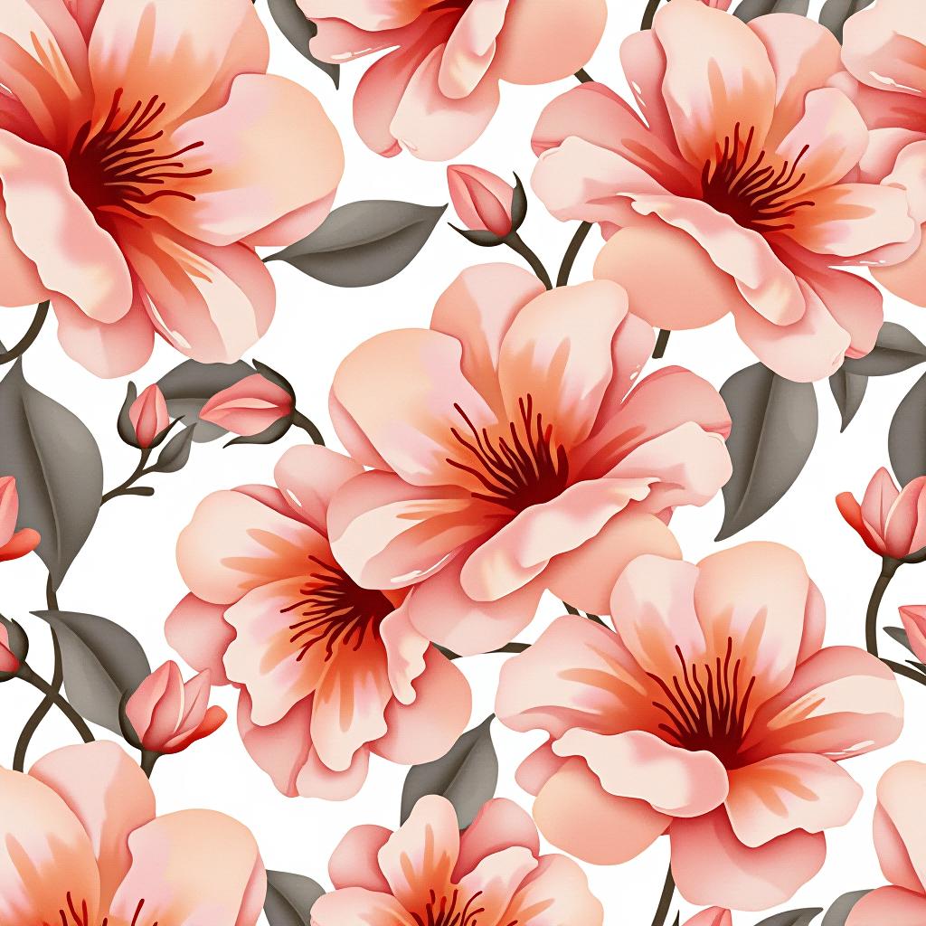  create a seamless digital design featuring a pattern of large, beautiful flowers with soft, watercolor like effects. the flowers should cover the entire surface, creating a bold, elegant, and continuous look. the overall style should be light and airy, with delicate leaves and petals to enhance the natural, floral theme. the design should be seamless to ensure it can be used in repeating patterns or wraps.