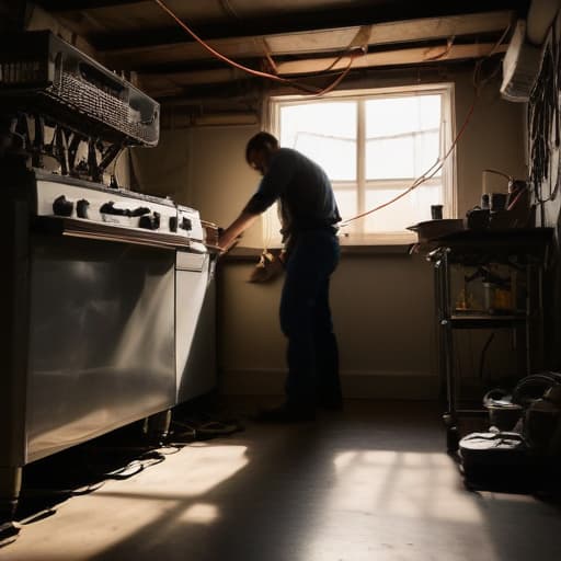 A photo of a skilled technician checking the wiring of a dishwasher in a dimly lit basement workshop during the late afternoon, with a single overhead light casting dramatic shadows across the worn workbench.