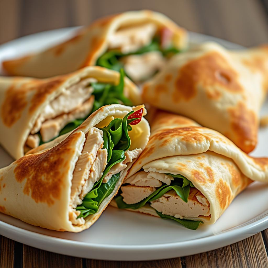  triangles made from lavash filled with chicken, greens, and cream cheese, the edges are cut revealing the filling, beautifully arranged on a plate.