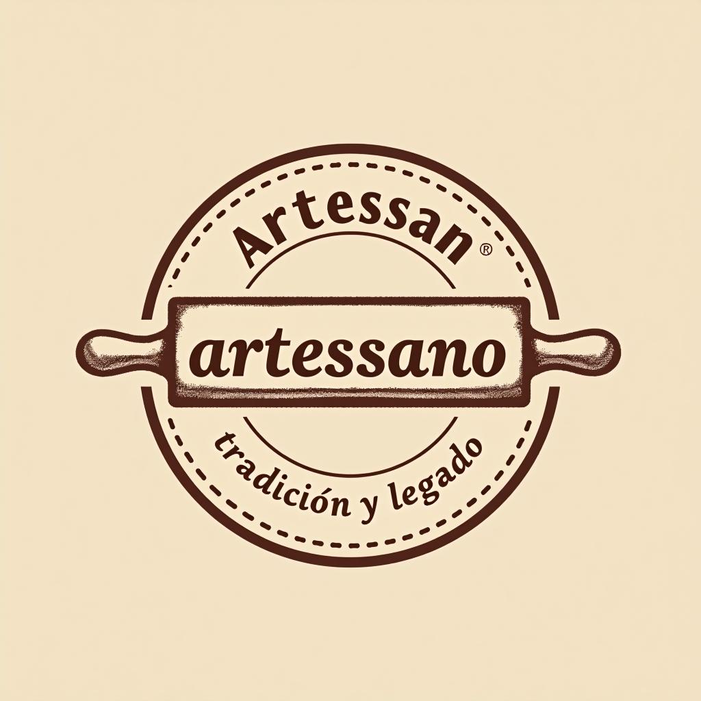  design a logo, in a pencil style. simple and elegant design circular design light and brown tones use a rolling pin image put the word “artessano” inside the image of the rolling pin, with the text 'tradición y legado'.