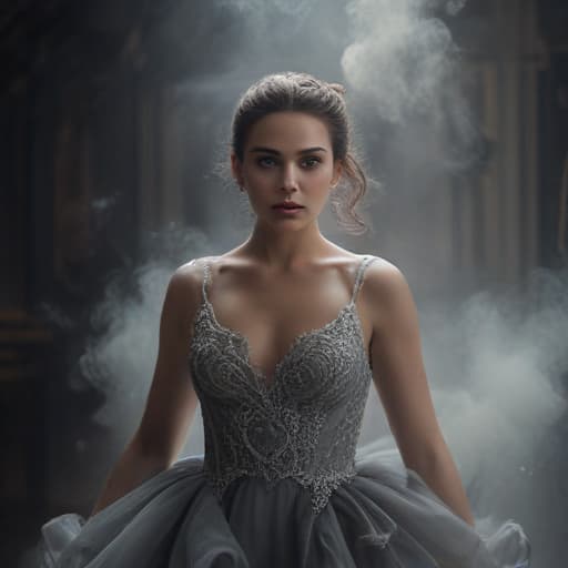 a beautiful full-body shot of a beautiful realistic femme fatale wearing a stunning grey dress with beautiful white ornamentals. The dress fading out in smoke at the bottom in a realistic photography style, a stylistic fashion sense, beautiful tones and lighting, head-to-toe shot, cinematic lighting, realistic photography, intricate details, color grading, beautiful tones, smooth, Canon EOS 5D Mark IV DSLR, f/8, ISO 100, 1/250 second, HD, 8k, --ar 5:7 --style raw