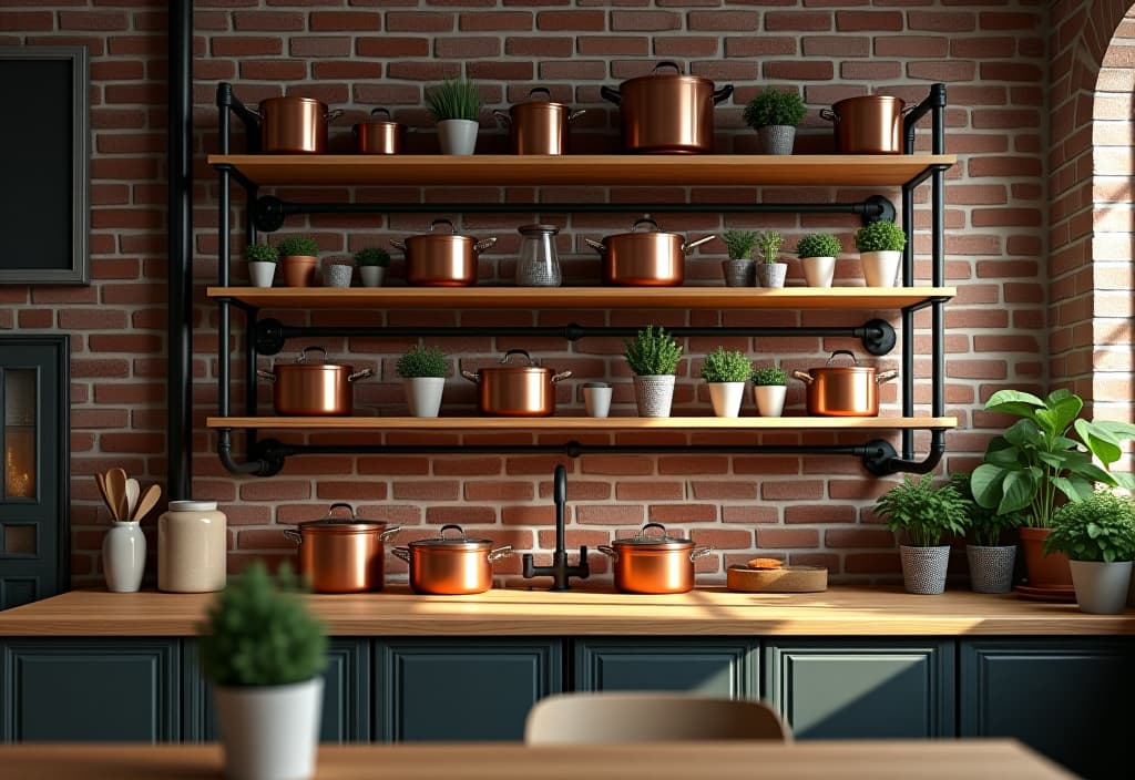  a landscape photo of an industrial style kitchen with black metal pipe shelving mounted on exposed brick walls, displaying a collection of copper cookware and potted herbs, viewed from a diagonal angle hyperrealistic, full body, detailed clothing, highly detailed, cinematic lighting, stunningly beautiful, intricate, sharp focus, f/1. 8, 85mm, (centered image composition), (professionally color graded), ((bright soft diffused light)), volumetric fog, trending on instagram, trending on tumblr, HDR 4K, 8K