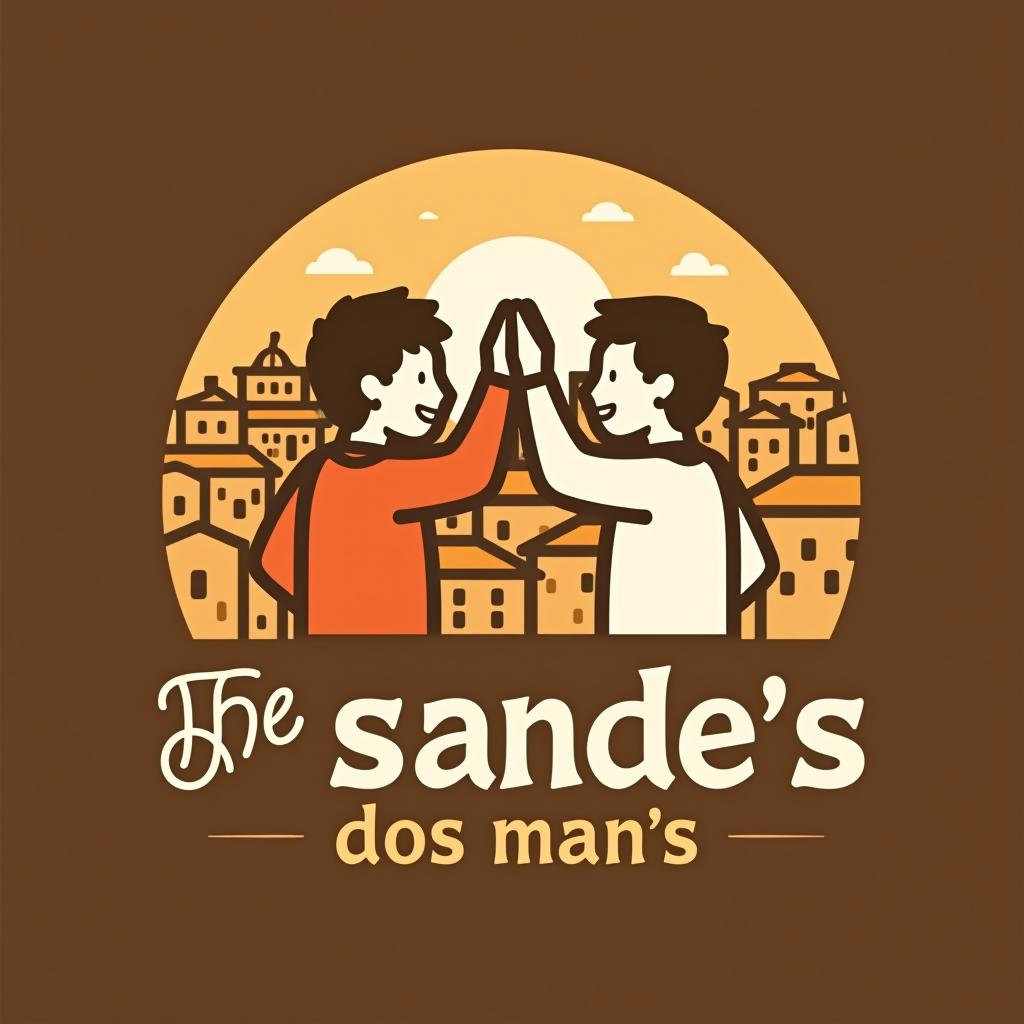  design a logo, the name is « sandes dos mano’s », this meaning sandwich of brother , and i have thinked in two brothers get a high five, with sandwich , background a town like porto, portugal or background litlle sandwichs, with the text 'sandes dos mano’s'.