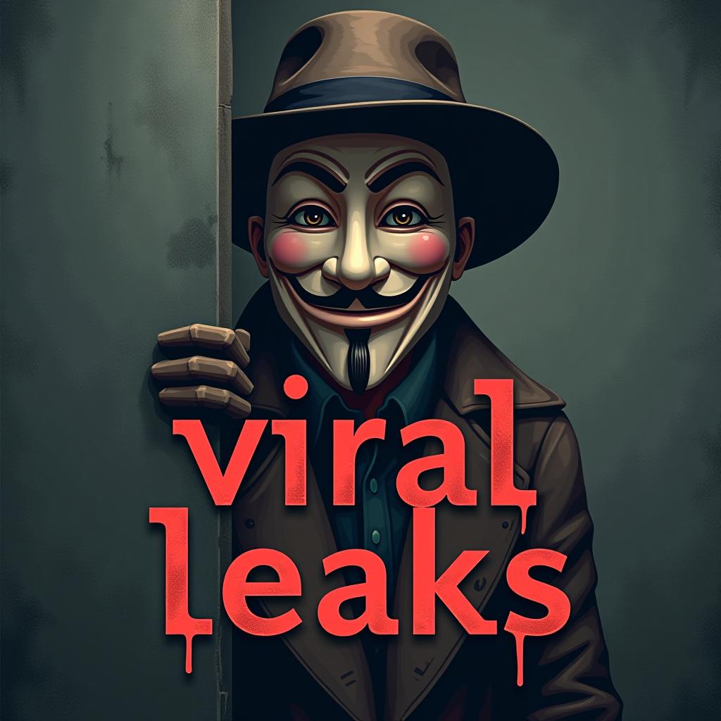  good quality, high quality, a anonymous hide face for "viral leaks," featuring a realistic character wearing a trench coat and hat, peeking out from behind a wall with a mischievous grin. the text "viral leaks" is styled in a hacker font with subtly integrated into the design, representing the idea of leaks.