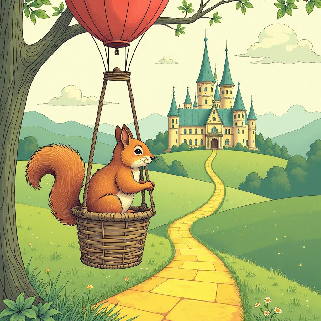  architectural style the squirrel sits in a balloon basket and looks down at the yellow brick road leading to the emerald city. basket view . clean lines, geometric shapes, minimalist, modern, architectural drawing, highly detailed