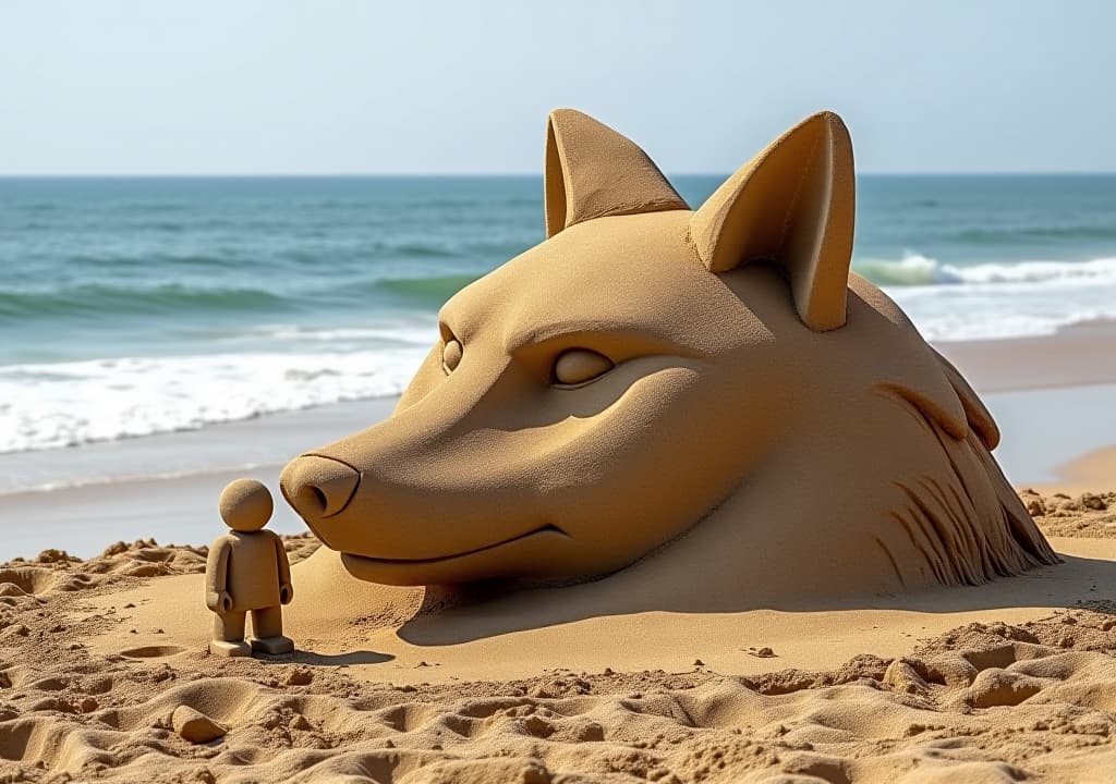  a large sand sculpture of a wolf's head on a beach, with a small figure