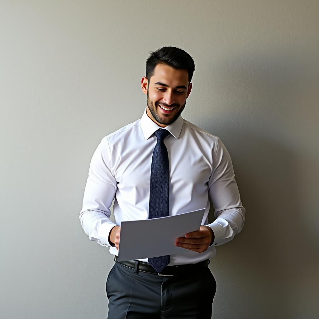  a photo of a man for documents against a plain wall.