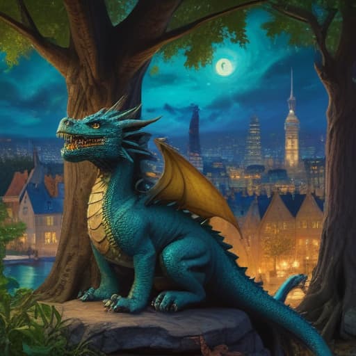 Could u create a magical forest where a dragon lived with the rest of his animal friends in Van Gogh style with City background