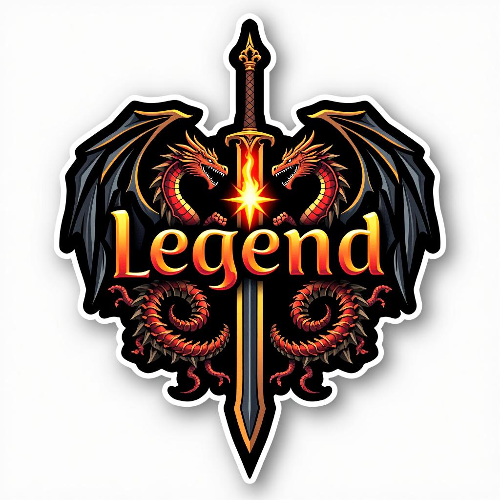  design a logo. custom sticker design on an isolated black background with the words ‘legend’ in bold font decorated by mythical dragons and a flaming sword