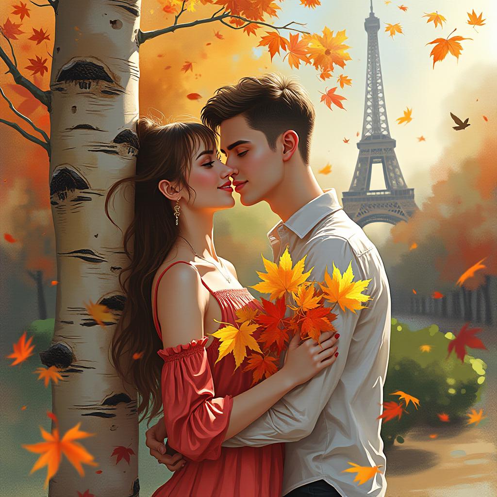  watercolor painting painting. painting with watercolor.(indian summer, leaffall, leaves swirling. in the city garden in paris, in the distance you can see the eiffel tower. a beautiful, young is standing near a birch, leaning against it, in her hands she has maple leaves of yellow and scarlet color, and a young, handsome young man is emcing her tenderly, behind the birch. they're both looking at the camera. they are happy. they love each other, looking affectionately into each other's eyes:1.5). intense close up. watercolor style by artist sergei andriyak. leaks, stains. high detail, high definition, high resolution. . vint, beautiful, painterly, detailed, textural, artistic