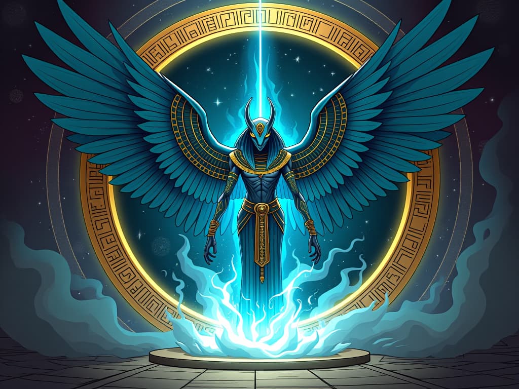  eldritch creature emerging from a glowing portal, ancient runes on the portal's edges, multi layered wings unfurled, azure scales reflecting cosmic light, surrounded by swirling stars, divine energy emanating. the style is digital art illustration / modern comic book / mysterious occult, symbolic, esoteric vibe,high detail on character design, incorporating ancient egyptian symbology and attire.