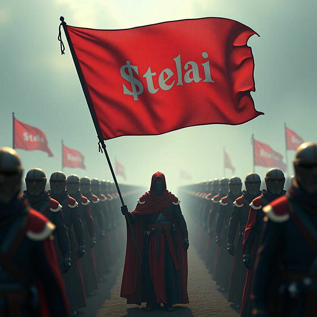  an army of different races holding a flag with the word $stelai written on the flag hyperrealistic, full body, detailed clothing, highly detailed, cinematic lighting, stunningly beautiful, intricate, sharp focus, f/1. 8, 85mm, (centered image composition), (professionally color graded), ((bright soft diffused light)), volumetric fog, trending on instagram, trending on tumblr, HDR 4K, 8K