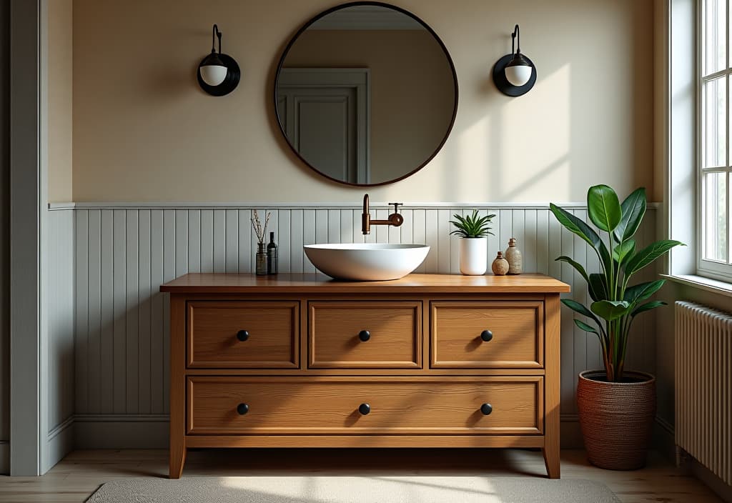  a landscape photo of a farmhouse style vanity made from a repurposed wooden dresser, topped with a white vessel sink and vintage inspired faucet, with a large round mirror hanging above hyperrealistic, full body, detailed clothing, highly detailed, cinematic lighting, stunningly beautiful, intricate, sharp focus, f/1. 8, 85mm, (centered image composition), (professionally color graded), ((bright soft diffused light)), volumetric fog, trending on instagram, trending on tumblr, HDR 4K, 8K