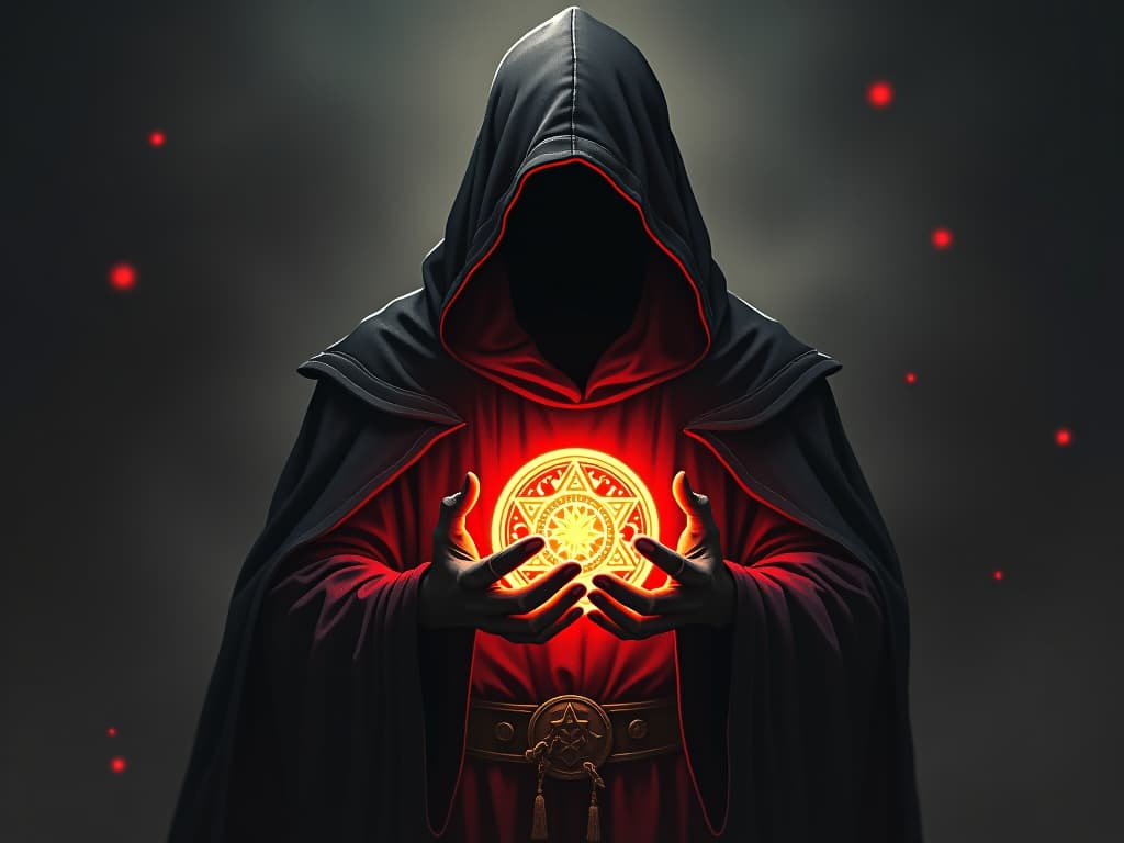  a hooded figure holding a glowing orb, the light emanating strength, shadows retreating, aura of empowerment, mystic symbols floating. the style is dark fantasy and mysterious occult, symbolic, moody lighting, esoteric vibe,high detail on character design. for the color scheme emphasize blacks and reds.