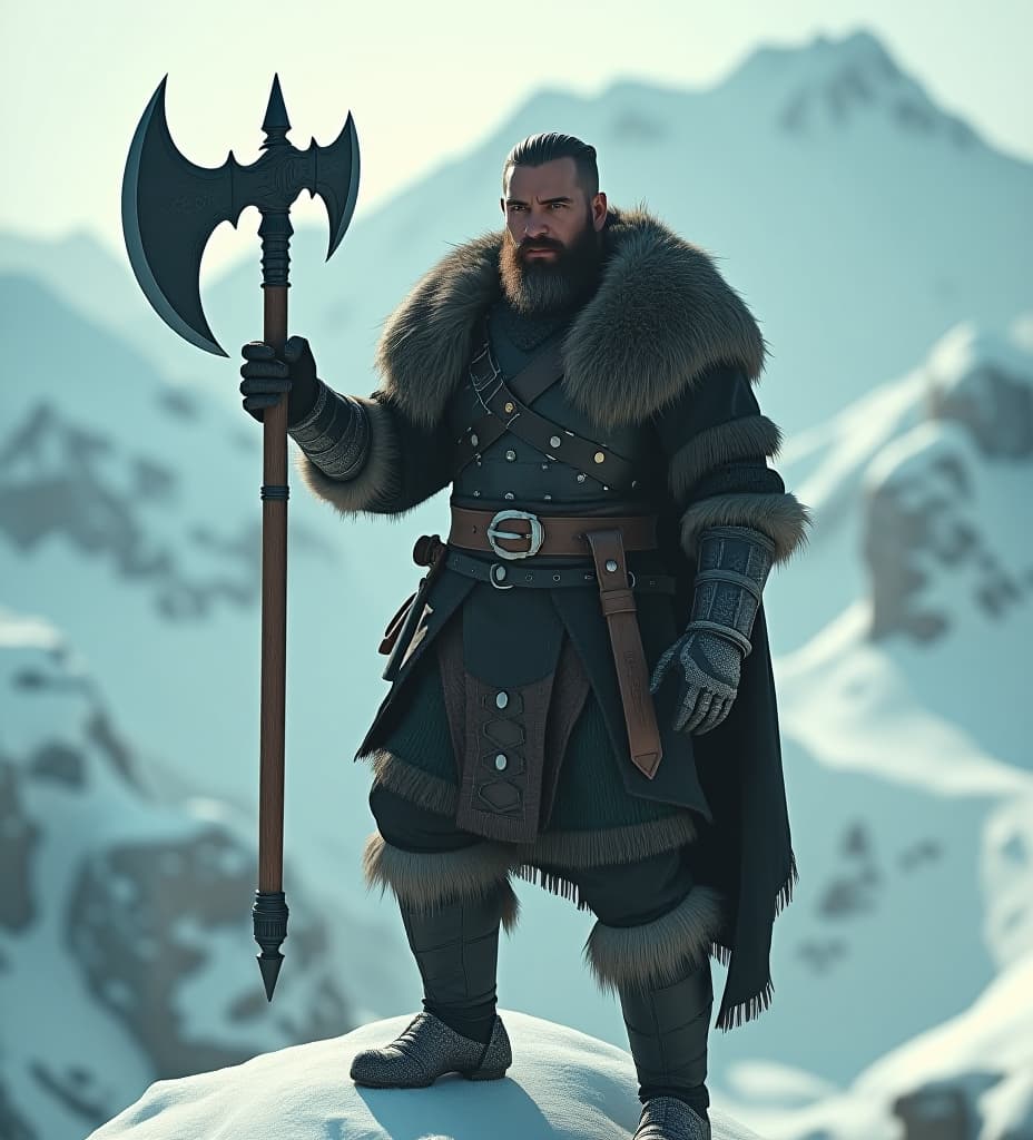  create a highly 8k realistic close up render of a dark haired, bearded male barbarian standing on a snowy mountaintop, wielding a massive spiky axe. the barbarian should have a rugged, muscular build, with his hair and beard slightly frosted from the cold. his fur lined armor should be detailed, with visible textures of worn leather and metal, appropriate for a warrior in harsh, icy conditions. the scene should be styled as if filmed in the 1950s with super panavision 70, featuring a widescreen aspect ratio, deep contrasts, and dramatic, cinematic lighting. the snowy landscape should be vast and majestic, with towering, jagged peaks and swirling snow, evoking an epic, larger than life atmosphere. add a subtle vintage effect, with light film