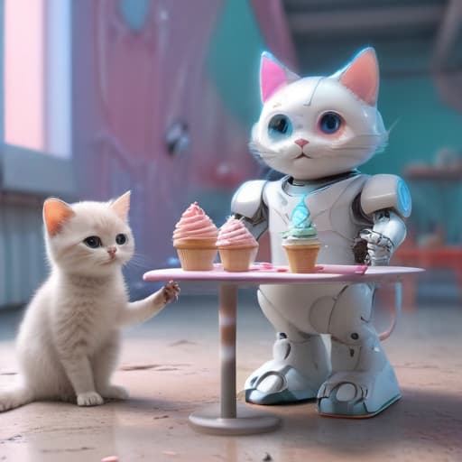 A happy robot serving ice cream to kittens in a futuristic, abstract setting.