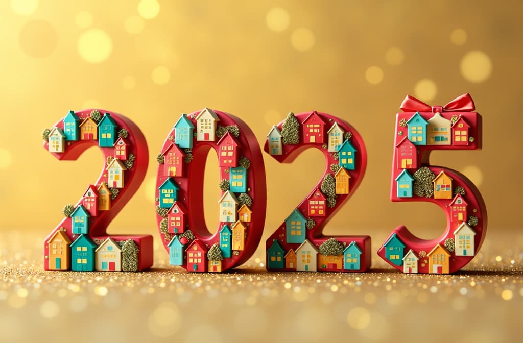  large numbers "2025" made of small colorful houses on a golden festive background, wrapped with gift ribbon {prompt}, maximum details