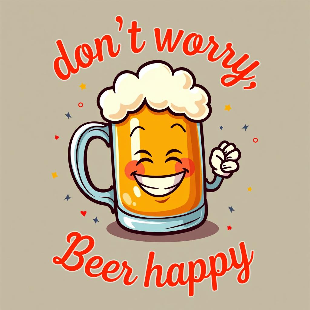  cheerful design with 'don't worry, beer happy.' in wavy font, with a smiling beer mug and festive confetti. place the word oktoberfest at the bottom of the image